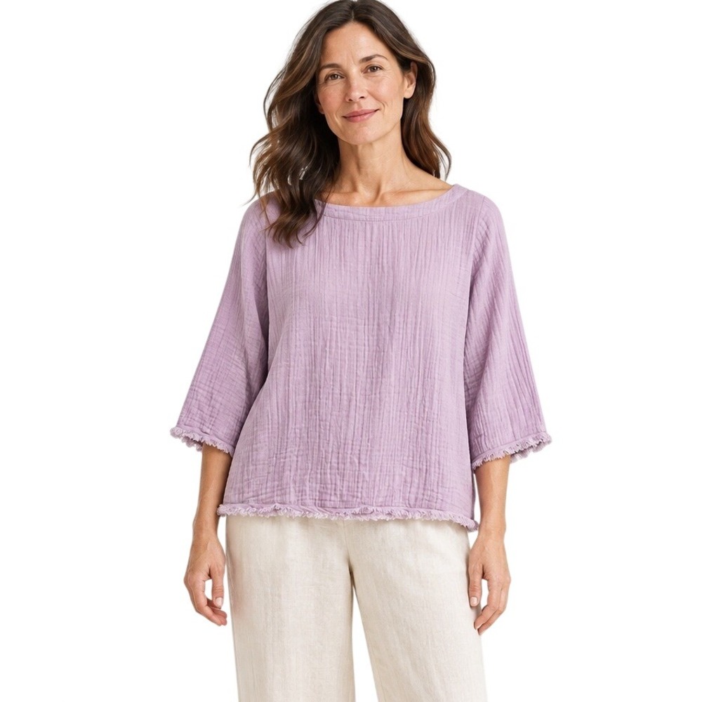EILEEN FISHER Lilac Lavender Organic Cotton Gauze Boat Neck 3/4 Sleeve Top M